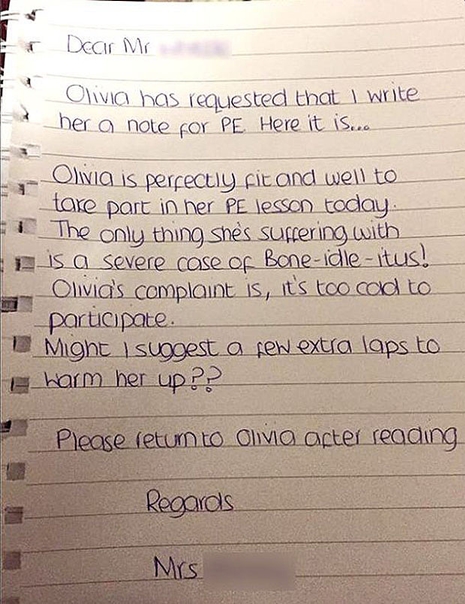 Olivia’s. The schoolgirl - whose last name isn’t known - begged her mum to write such a note